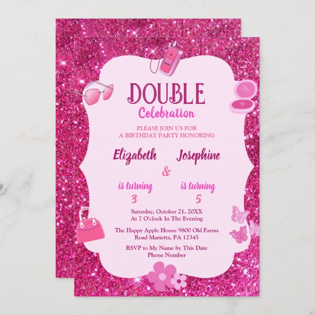 Invitación Pink Glitter Double Birthday Party For Girls  (Anverso / Reverso)