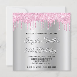 Invitación Pink Glitter Drips Silver Ombre Drop Shadow