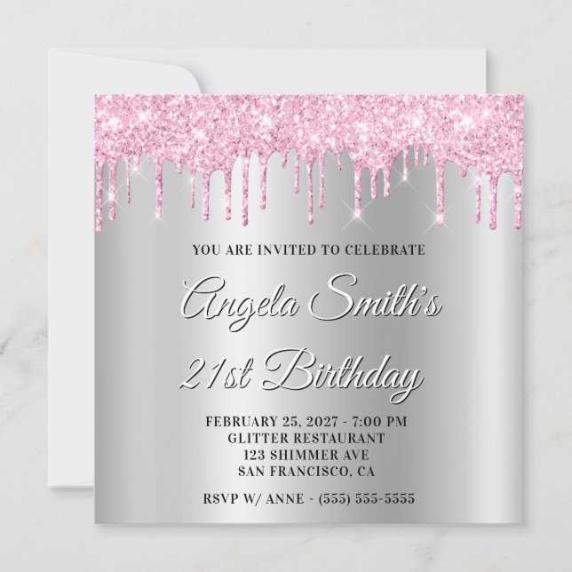 Invitación Pink Glitter Drips Silver Ombre Drop Shadow (Anverso)