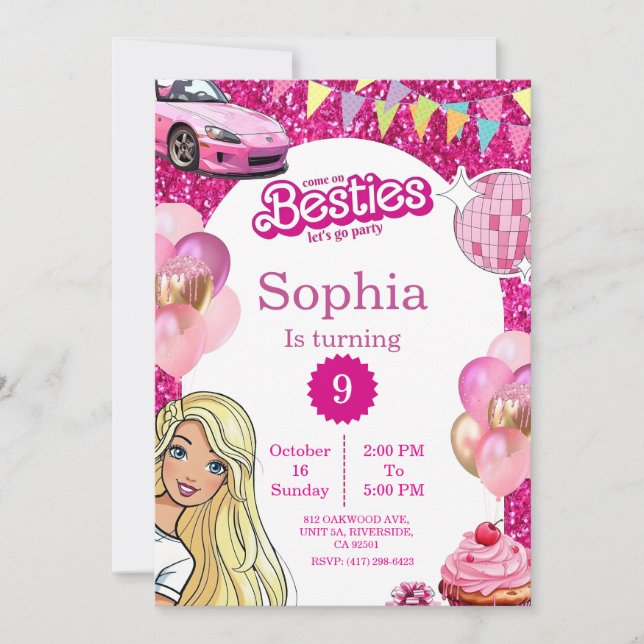 Invitación Pink Glitter Fashion Doll Birthday Invite (Anverso)