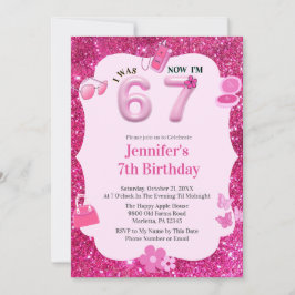 Invitación Pink Glitter Girl 7th Birthday Was 6 Now 7