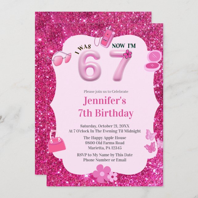 Invitación Pink Glitter Girl 7th Birthday Was 6 Now 7 (Anverso / Reverso)