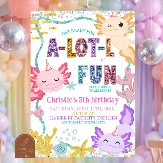 Invitación Pink Glitter girl Axolotl birthday invitation (Subido por el creador)