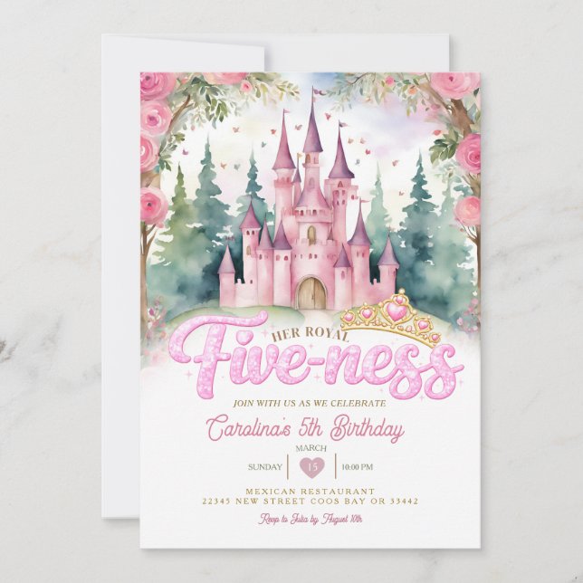 Invitación Pink Glitter Her Royal Five-ness Castle Birthday (Anverso)