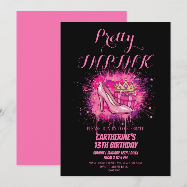 Invitación Pink Glitter Pretty in Pink Birthday Party  (Anverso / Reverso)