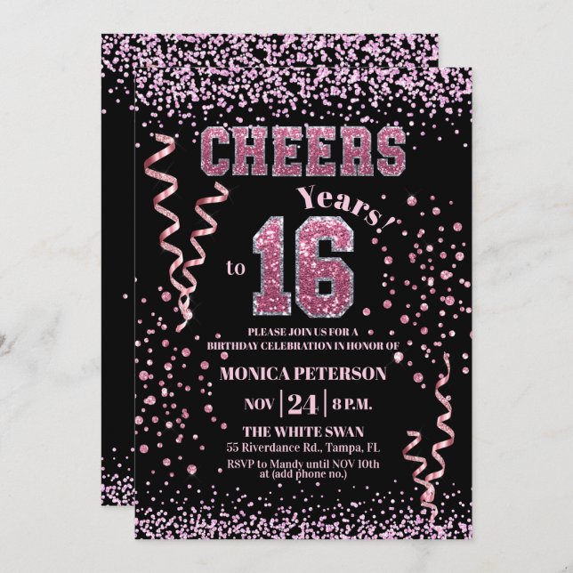 Invitación Pink Glitter Rhinestones 16th Birthday Party  (Anverso / Reverso)
