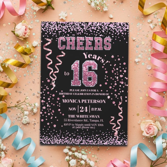 Invitación Pink Glitter Rhinestones 16th Birthday Party  (Subido por el creador)