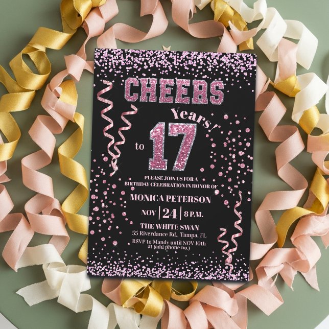 Invitación Pink Glitter Rhinestones 17th Birthday Party  (Subido por el creador)