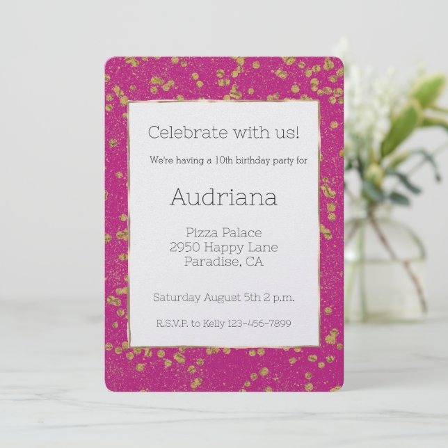 Invitación Pink Glitzy Gold Sparkle Confetti Dots Cumpleaños (Anverso de pie)