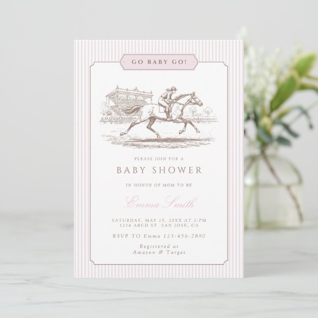 Invitación Pink Go Baby Go Derby Baby Shower Preppy Classic  (Anverso de pie)