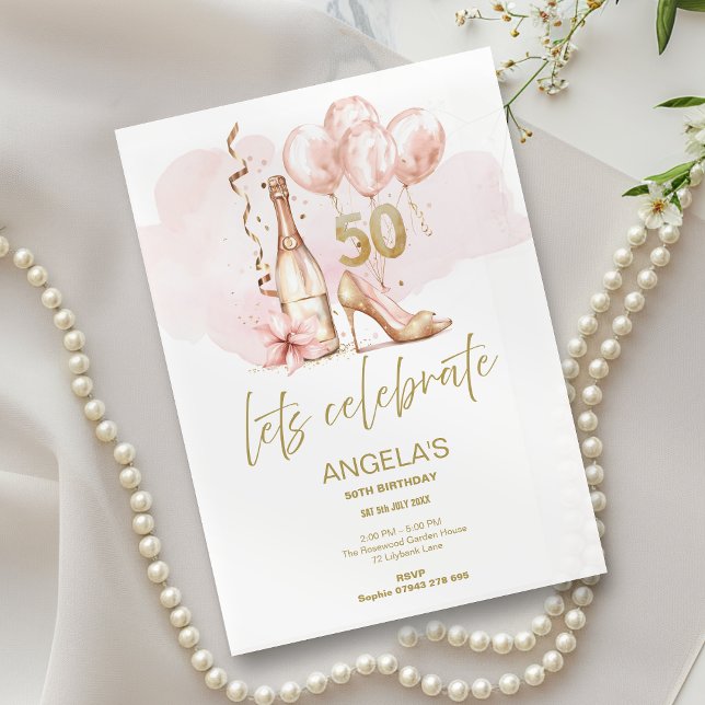 Invitación Pink & Gold 50th Birthday, Champagne & Heels (Subido por el creador)