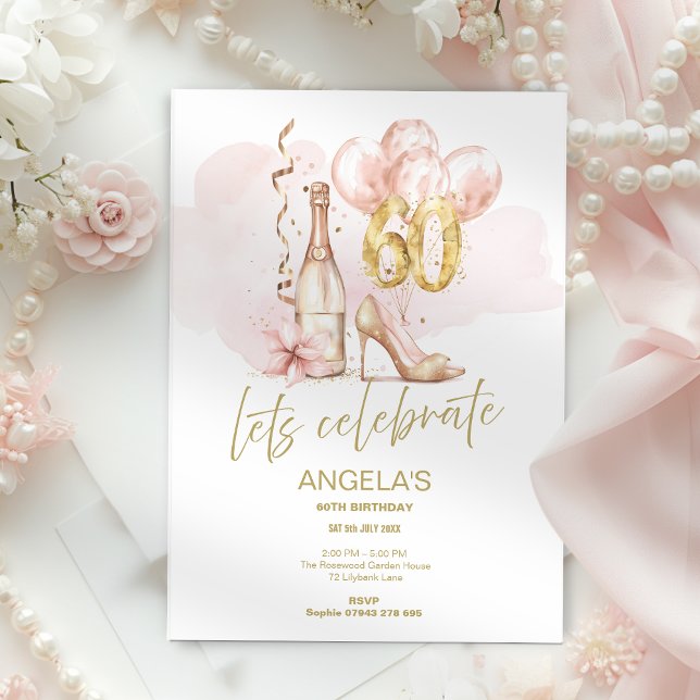 Invitación Pink & Gold 60th Birthday, Champagne & Heels (Subido por el creador)