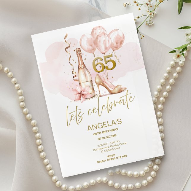 Invitación Pink & Gold 65th Birthday, Champagne & Heels (Subido por el creador)