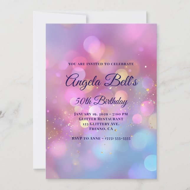 Invitación Pink Gold and Blue Bokeh 50th Birthday (Anverso)