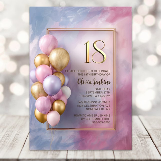 Invitación Pink Gold Balloons 18th Birthday Party (Subido por el creador)