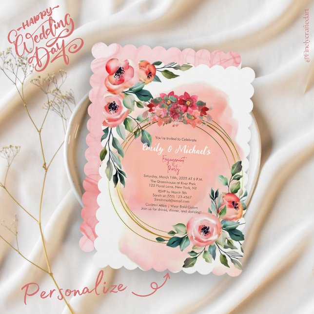 Invitación Pink Gold Bold Floral Blooms Engagement Party (Subido por el creador)
