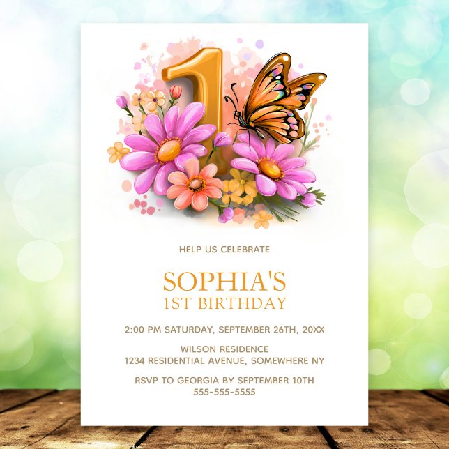 Invitación Pink Gold Butterfly Floral 1st Birthday Party (Subido por el creador)