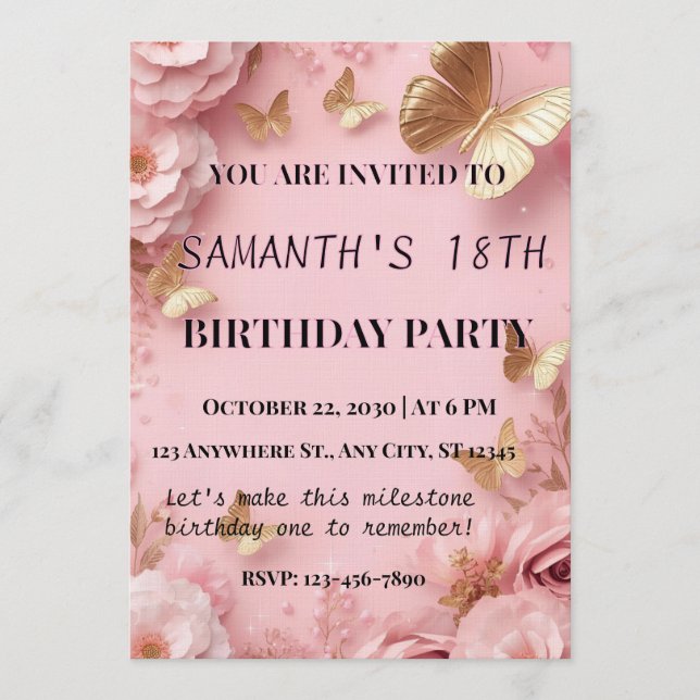 Invitación Pink Gold Butterfly Garden Invite (Anverso)