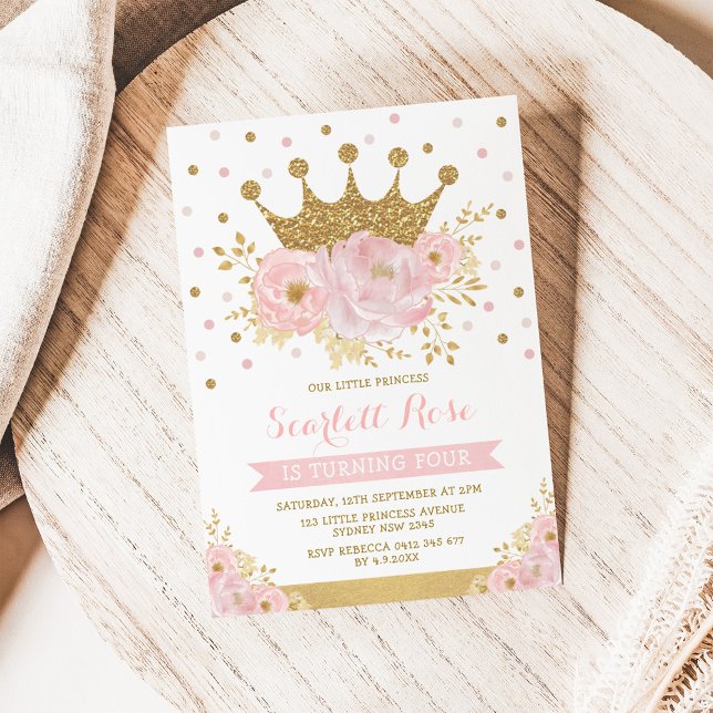 Invitación Pink Gold Crown Princess Girly Floral Birthday (Subido por el creador)