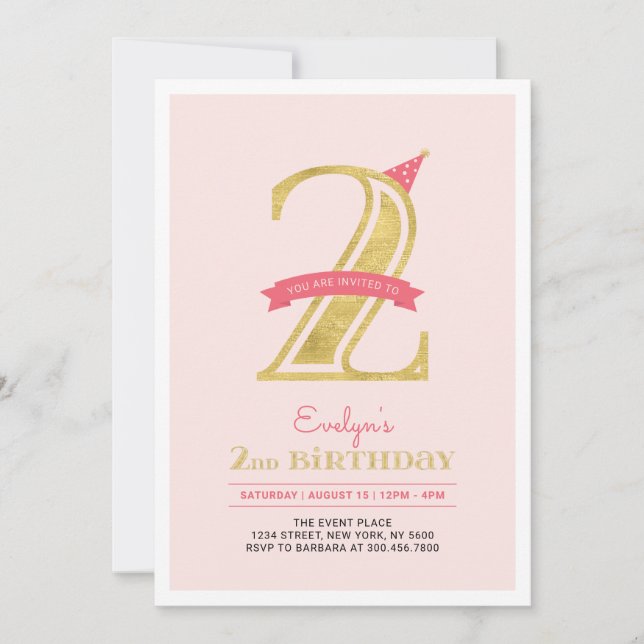 Invitación Pink & Gold | Cumpleaños de niña de 2 años (Anverso)