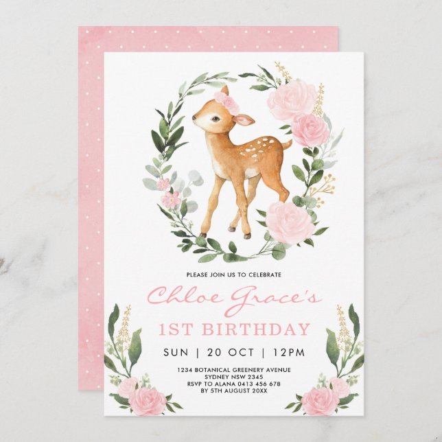 Invitación Pink Gold Deer Simple Greeneration Forest Birthday (Anverso / Reverso)