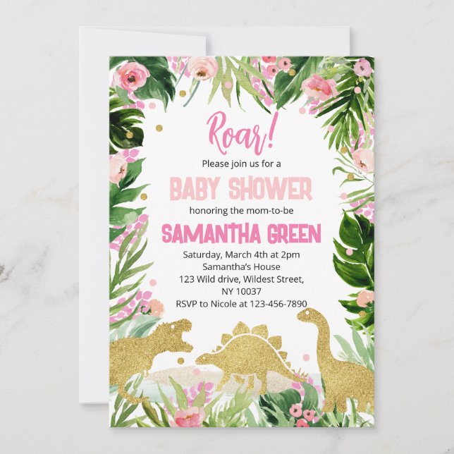 Invitación Pink Gold Dinosaur Baby Shower (Anverso)
