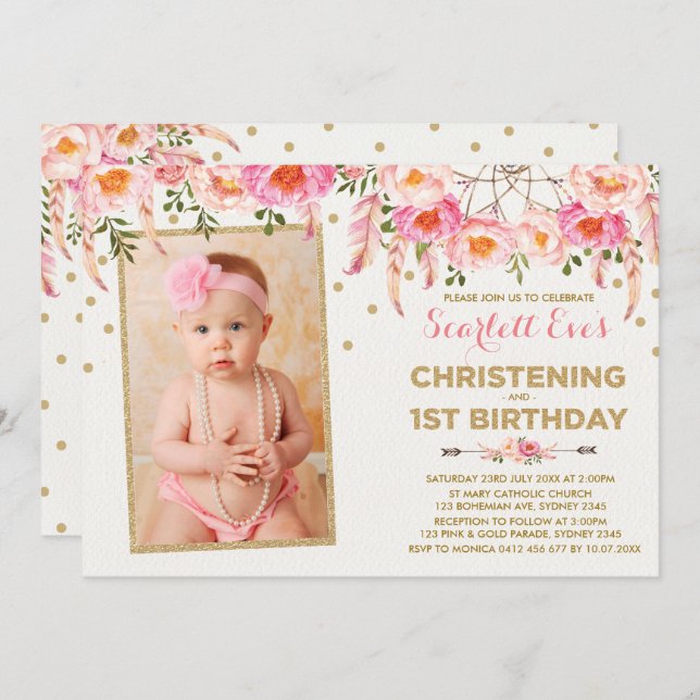 Invitación Pink Gold Dreamcatcher Christening 1er cumpleaños (Anverso / Reverso)