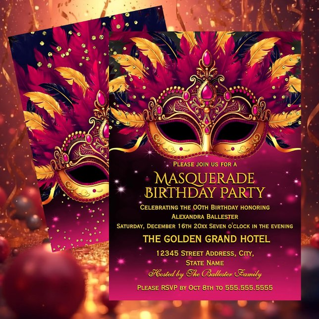 Invitación Pink Gold Feathers Masks Masquerade Birthday Party (Subido por el creador)