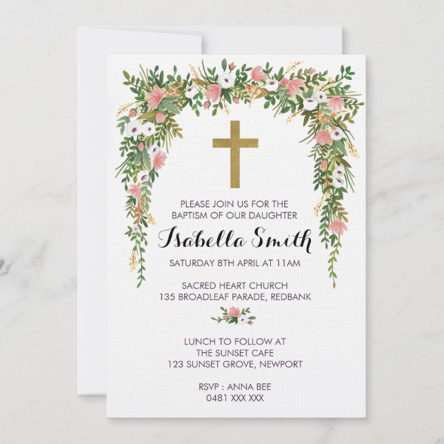 Invitación Pink Gold floral Baptism / Christening Invitation (Anverso)