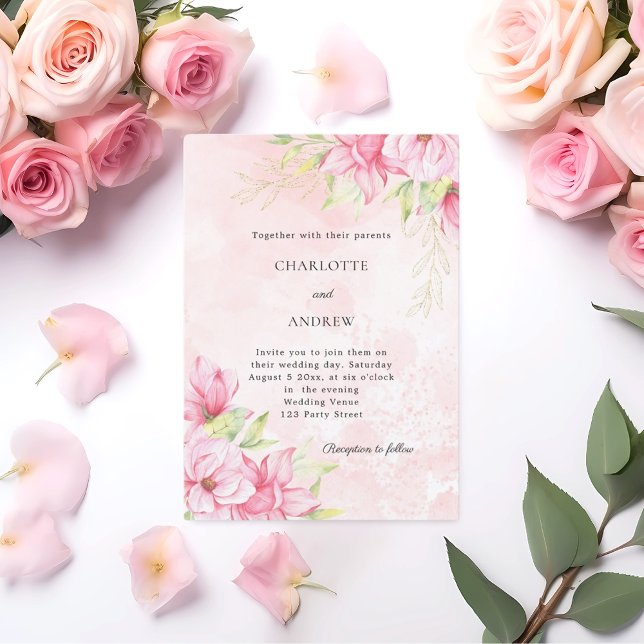 Invitación Pink gold floral elegant wedding (Subido por el creador)