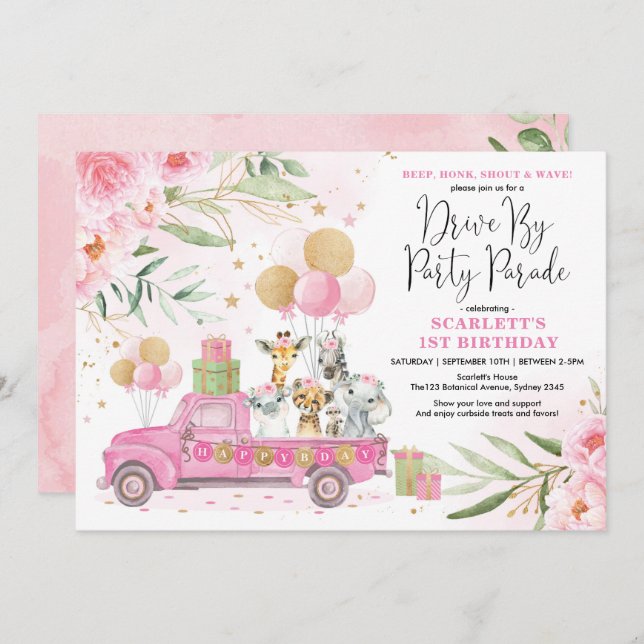Invitación Pink Gold Floral Safari Drive Por Desfile De Cumpl (Anverso / Reverso)