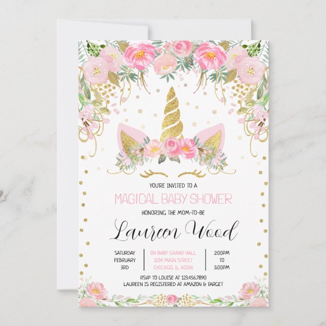 Invitación Pink Gold Floral Unicorn Baby Shower (Anverso)