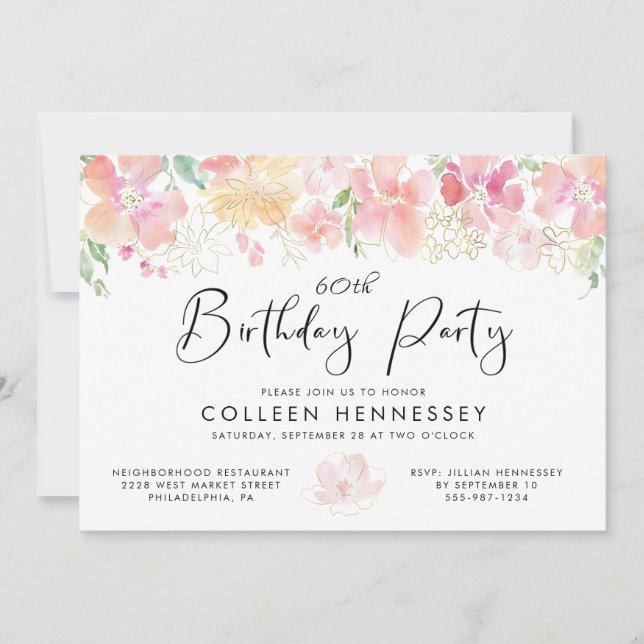 Invitación Pink Gold Floral Watercolor 60 cumpleaños (Anverso)