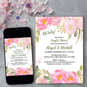 Invitación Pink Gold Floral Watercolor Parejas Baby Shower