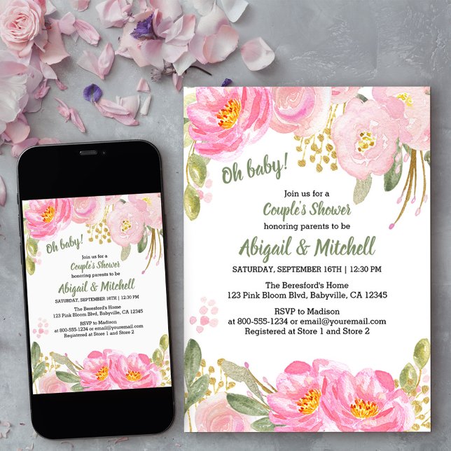 Invitación Pink Gold Floral Watercolor Parejas Baby Shower (Subido por el creador)