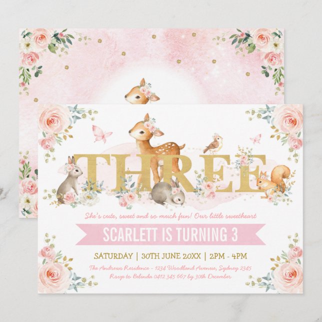 Invitación Pink Gold Floral Woodland Animals 3er cumpleaños (Anverso / Reverso)