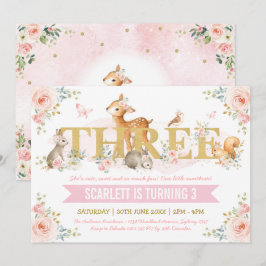 Invitación Pink Gold Floral Woodland Animals 3er cumpleaños