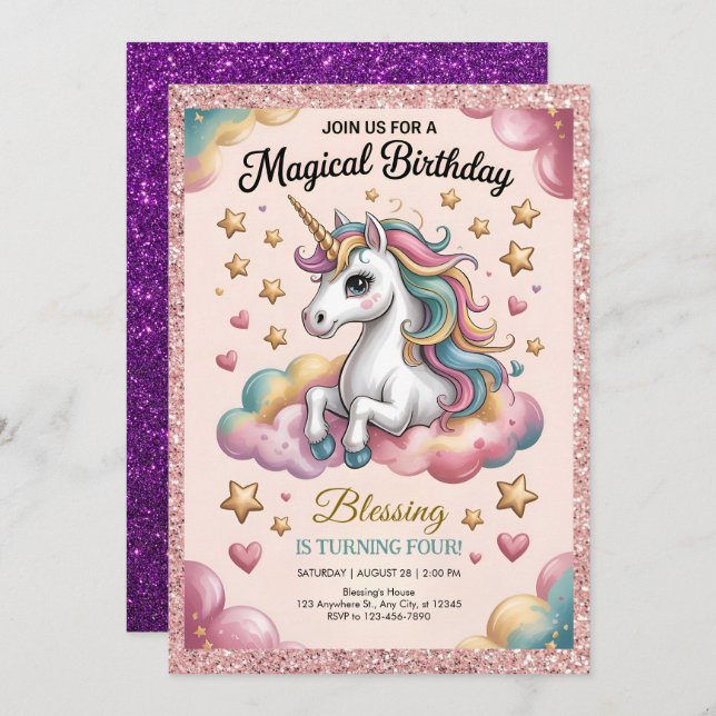 Invitación Pink & Gold Glitter Party (Anverso / Reverso)