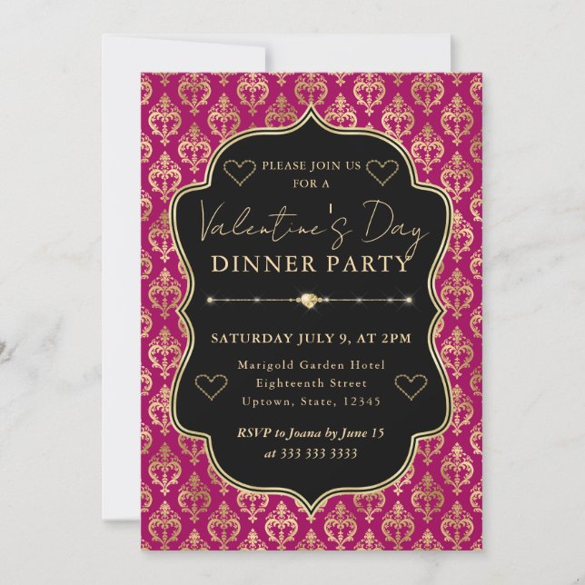 Invitación Pink & Gold Heart Damask Valentine's Dinner Party (Anverso)