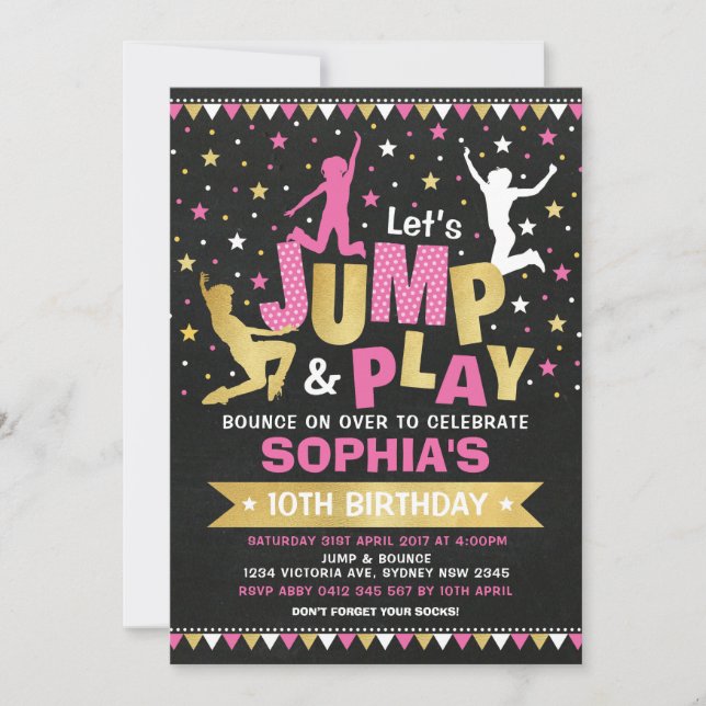 Invitación Pink Gold Jump Birday Trampoline Bonza House (Anverso)