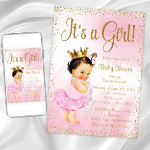 Invitación Pink Gold Little Ballerina Tutu Pearl Baby Shower