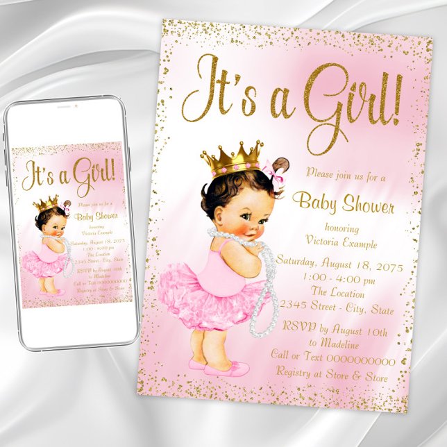 Invitación Pink Gold Little Ballerina Tutu Pearl Baby Shower (Pink gold princess baby shower invitation. Instant download and printed invitations available.)