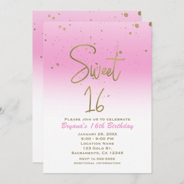 Invitación Pink & Gold Modern Glam SWEET 16 Fiesta de cumplea (Anverso / Reverso)