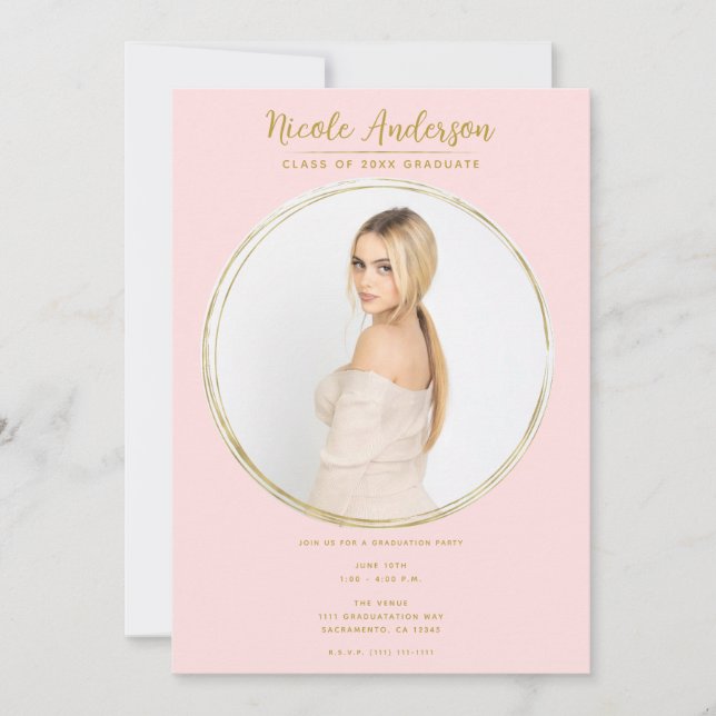 Invitación Pink & Gold Modern Round Photo Graduation Party (Anverso)