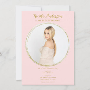 Invitación Pink & Gold Modern Round Photo Graduation Party