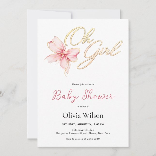 Invitación Pink & Gold “Oh Girl” Gold Typography Baby Shower (Anverso)