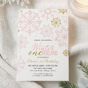 Invitación Pink Gold Onederland Cumpleaños 1 Snowflake