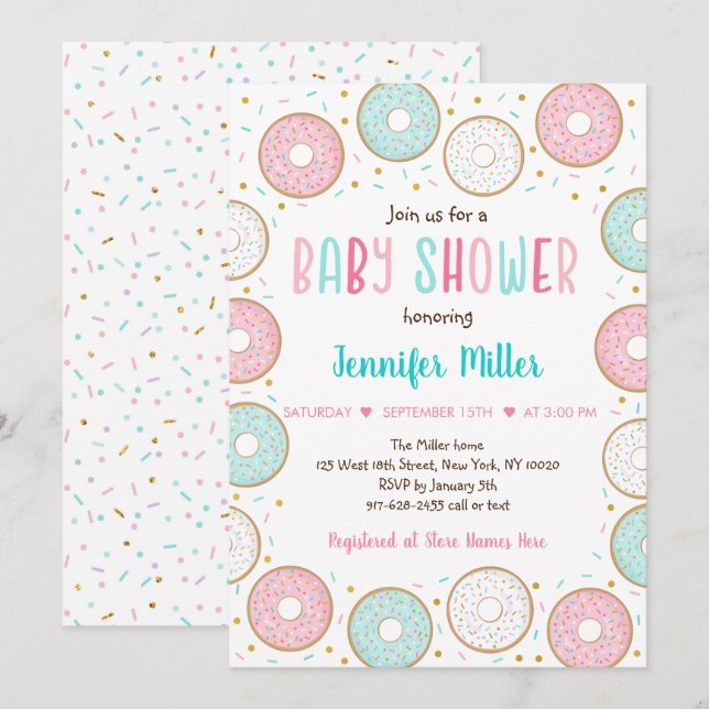 Invitación Pink Gold Pastel Donut Baby Shower (Anverso / Reverso)