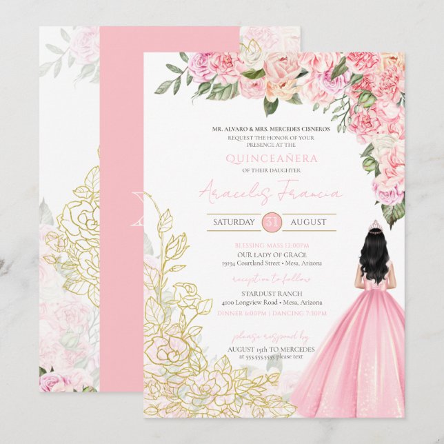 Invitación Pink & Gold Peonies Floral Quinceanera elegante (Anverso / Reverso)