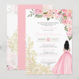 Invitación Pink & Gold Peonies Floral Quinceanera elegante